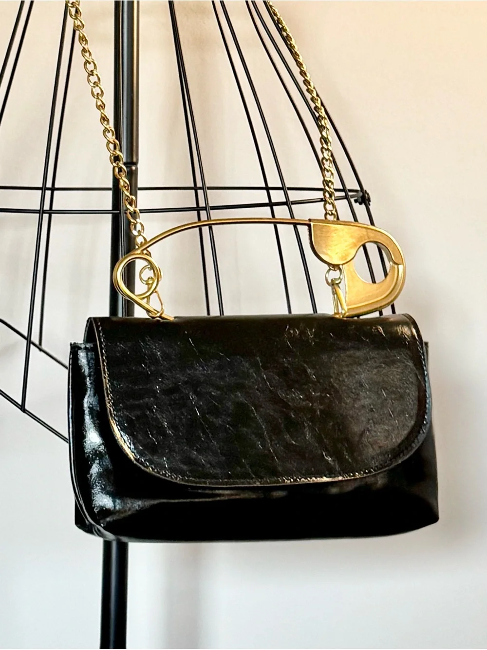 New Black Faux Leather Jumbo Safety Pin Crossbody Clutch Purse w/ Chain Strap